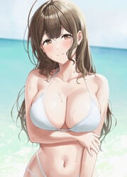 1girls big_breasts bikini blush breasts brown_eyes brown_hair chagama_teishoku cleavage female female_only idolmaster idolmaster_shiny_colors kuwayama_chiyuki large_breasts long_hair looking_at_viewer navel swimsuit wet_skin white_bikini