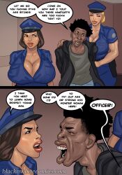 1boy 2024 2girls arrest beauty_mark big_breasts blacknwhitecomics blonde_hair blue_eyes brown_eyes brown_hair carol_stizak cleavage curvy dark-skinned_male dark_skin dimples english_text fuck_12 latina lupe_sanchez panels plump_lips police policewoman taller_girl thick_thighs voluptuous watermark wide_hips yair