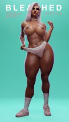 1girls 3d 3d_(artwork) adidas areolae athletic big_breasts bleached bleached_clothing braid breasts brown_skin choker contrapposto dark-skinned_female dark_skin face_tattoo fareeha_amari female female_focus female_only fit_female grvty3d large_breasts looking_at_viewer navel_piercing nipple_piercing nipples overwatch overwatch_2 panty_pull pharah pierced_nipples pink_hair pink_panties simple_background sneakers socks solo solo_female solo_focus tanline tanlines tattoo white_socks wide_hips