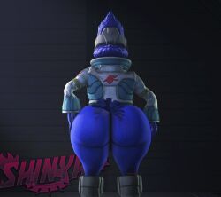 18+_adults_only_sign 3d_(artwork) ass avian big_butt bird blue_body blue_fur butt_pose clothing digital_media_(artwork) falco_lombardi fur hi_res humanoid male male/male nintendo nude pose shinyagaia shoes_on solo source_filmmaker space spacecraft star_fox thick_thighs vehicle