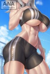 1girls abs ai_generated ainansfw black_shorts black_sports_bra gray_hair head_out_of_frame hololive hololive_japan large_breasts light-skinned_female light_skin muscular muscular_arms muscular_female muscular_thighs shishiro_botan shorts solo sports_bra sweat sweatdrop sweating tight_clothing underboob virtual_youtuber vtuber watermark