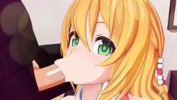 1boy 1girls 3d blonde_hair blowjob fellatio green_eyes indoors licking_penis light-skinned_female light-skinned_male light_skin penis room sound syobons_(shupi-san) tagme tsurumaki_maki video voiceroid