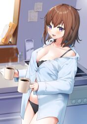 1girls black_panties black_underwear blush bra brown_hair cleavage coffee coffee_mug female indoors itohana lingerie looking_at_viewer messy_hair morning original purple_hair shirt underwear