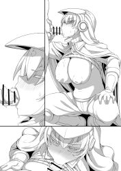 1boy 1girls angry_fellatio bar_censor big_breasts blowjob blush breasts_out comic fellatio female female_focus first_porn_of_character headgear headwear inverted_nipples large_areolae licking_penis made_in_abyss male mask_on_head monochrome no_bra oral penis puffy_nipples rimeyo sagging_breasts shirt_up squatting unseen_male_face wip yaguchiyuki