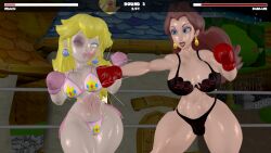 2girls 3d 3d_(artwork) big_breasts big_thighs bikini blonde_hair blue_eyes boxing boxing_gloves boxing_ring bra breast_punch breasts brown_hair bruised_eye catfight cleavage crown curvy duo earrings eyeshadow female female_focus female_only fight fighting fighting_ring gameplay_mechanics gloves health_bar hud huge_breasts huge_thighs lace-trimmed_bra lace-trimmed_panties large_breasts large_thighs light-skinned_female light_skin lingerie lips lipstick long_hair makeup mario_(series) nintendo one_eye_closed outdoors panties pauline pink_boxing_gloves pink_gloves pink_lipstick princess_peach punch punching punching_breasts purple_eyeshadow red_boxing_gloves red_gloves red_lipstick rngsucks ryona super_mario_bros. thick_hips vs wide_hips