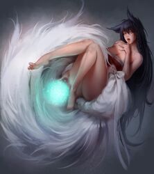 1girls ahri clothed clothing feet female female_focus female_only fox_ears gg_amang kitsune league_of_legends magic multiple_tails open_mouth seductive tails