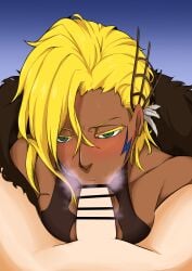 arrancar bleach blonde_hair blowjob censor_bar censored dark-skinned_female dark_skin fellatio female green_eyes hair_ornament light-skinned_male light_skin looking_at_viewer male nonono pov tia_harribel