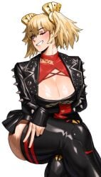 1girls big_breasts blonde_hair burnice_white cleavage crossed_legs female female_only looking_at_viewer mihoyo red_eyes sitting smiling smiling_at_viewer solo sotcho thick_thighs white_background wink winking_at_viewer zenless_zone_zero