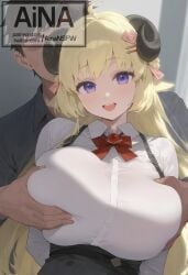 1boy 1girls ai_generated ainansfw blonde_hair blue_eyes breast_grab breast_squeeze breasts groping hair_ornament hololive hololive_japan horn huge_breasts long_hair looking_at_viewer open_mouth sheep_girl sheep_horns smile tsunomaki_watame virtual_youtuber vtuber watermark white_shirt