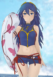 1girls alternate_costume bare_thighs bikini blue_bikini blue_eyes blue_hair blue_swimsuit fire_emblem fire_emblem_awakening fire_emblem_cipher in2naps innertube long_hair looking_at_viewer lucina_(fire_emblem) lucina_(summer)_(fire_emblem) nintendo ocean small_breasts smile solo swimsuit tiara water wet