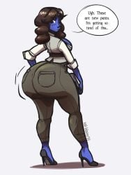 1girls ass_expansion big_ass blue_skin blueberry_inflation bottom_heavy brown_hair brown_pants denim expansion heels high_heels holding_paper inconvenient_ass inflation long_hair medium_breasts tail-blazer thin_waist wide_hips