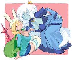 2girls adventure_time backpack bag big_breasts blonde_hair boobs breasts cartoon_network cleavage dress female_only fionna_the_human_girl gashi-gashi human ice_queen_(adventure_time) light-skinned_female long_hair looking_at_viewer mob_face tagme yuri