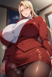 ai_generated aijuicer angry_expression angry_face bigger_female blonde_hair chubby_female gigantic_breasts huge_breasts kurashiki_reika large_breasts light-skinned_female light_skin long_hair mature_female milf office_lady panties pantyhose pawg saimin_seishidou thick_thighs thighs voluptuous voluptuous_female