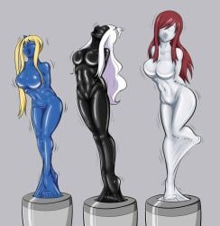 arms_behind_back bondage breasts captured encased encasement erza_scarlet fairy_tail gag gagged hopee1943 latex lucy_heartfilia mirajane_strauss struggling trophies