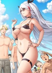 1girls azur_lane completely_nude completely_nude_female female female_focus kasunohikari multiple_boys painted_clothes prinz_eugen_(azur_lane) prinz_eugen_(unfading_smile)_(azur_lane) public_nudity revealing_clothes sunglasses tinted_eyewear