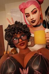 breasts bunny_brawler bunny_ears bunny_ears_(gesture) choker clothed clothed_female clothing coffee coffee_mug dark_skin female female_only fortnite fully_clothed fully_clothed_female glasses green_eyes haze_(fortnite) looking_at_viewer looking_back looking_back_at_partner pink_hair raviana_brwl skimpy skimpy_clothes surf_witch_(fortnite)