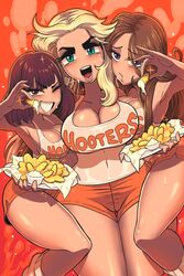 3girls big_breasts chips cleavage female_only fried_pickles gashi-gashi hooters hooters_uniform huge_breasts looking_at_viewer orange_shorts thick_thighs wet_shirt