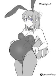 1girls back_pain big_belly big_breasts black_hair bloated_belly blue_eyes blush bunny_ears bunnysuit cleavage clothed clothing fat_ass female female_only long_hair outie_navel pregnant sakurajima_mai seishun_buta_yarou_wa_bunny_girl_senpai_no_yume_wo_minai tsukiji