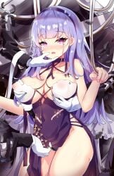 14chendoe 1girls azur_lane bra dido_(anxious_bisque_doll)_(azur_lane) dido_(azur_lane) erect_nipples fondling_breasts groping_breasts headband holding_umbrella light-skinned_female light_skin purple_hair royal_navy_(azur_lane) see-through skirt_lift tagme thighs