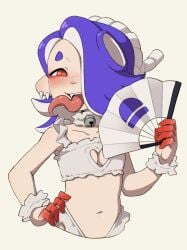 fan lingerie midriff mostly_clothed octoling octoling_girl pinksaber shiver_(splatoon) smile smug smug_smile splatoon splatoon_3 tongue tongue_out white_lingerie