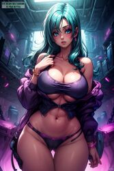 1girls ai_generated blue_hair bulma_briefs cleavage dragon_ball dragon_ball_(classic) dragon_ball_z female_only panties playing_with_hair plyboijayyai sci-fi tight_clothing underboob wristband