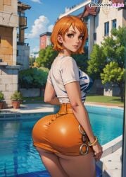 1girls ai_generated ass big_ass bubble_ass dat_ass dumptruck_ass female female_only huge_ass nami nami_(classic) nami_(one_piece) one_piece orange_hair poolside pre-timeskip s8link short_skirt skirt tight_skirt