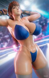 1girls 3d 3d_(artwork) armpits artist_signature belly_button big_breasts big_hips big_thighs bikini blue_bikini blue_swimsuit blurred_background brown_eyes busty dead_or_alive female_only fighting_ring hair_accessory handwear high_waisted_thong human human_only kasumi_(doa) legwear long_hair midriff panties red_hair redhead snoopz solo solo_female standing stockings swimsuit thighhighs three-quarter_portrait three-quarter_view tied_hair