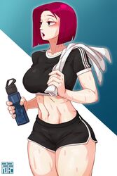 1girls athletic athletic_female bare_midriff busty clone_high female female_focus female_only goth hourglass_figure joan_of_arc_(clone_high) mtv navel pale-skinned_female pale_skin red_hair short_red_hair sports_bra sportswear sweat tagme wide_hips zznakuu