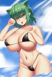 absurdres animal_ears bikini black_bikini breasts cat_ears eyebrows female green_hair highres hikage_(senran_kagura) looking_at_viewer navel ninimu-home ocean paw_pose senran_kagura shiny_skin short_hair summer sunlight swimsuit tongue tongue_out yellow_eyes