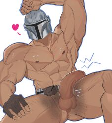 1boy balls bara covered_face din_djarin erection helmet jaxcian male male_focus male_nipples male_only male_pubic_hair mandalorian muscular_male nipples nude penis solo_male star_wars the_mandalorian