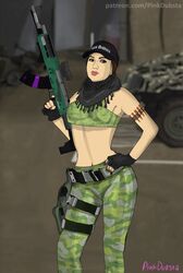 1girls baseball_cap brown_eyes brown_hair female female_only fully_clothed gloves grand_theft_auto grand_theft_auto_online grand_theft_auto_v gta_online_female_character holding_weapon leggings light_skin looking_at_viewer pink_dubsta short_top solo tattoo weapon