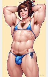 ai_generated ambush_(trap) armpit_hair athletic_male bikini brown_eyes brown_hair bulge chest_hair crossdressing dilf femboy femboy_dilf futanari genderswap_(ftm) green_eyes hairpin hairy hairy_male happy_trail male male_only mei_(overwatch) muscular_male overwatch overwatch_2 pectorals penis_in_panties ponytail rule_63 side-tie_bikini smile