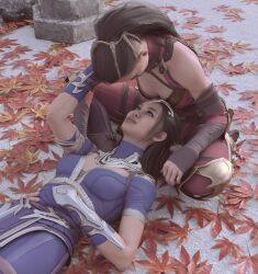 2girls 3d black_hair cuddling edenian eye_contact female female_only fully_clothed head_in_lap kitana kitana_(new_era) kiteena leaves lying_on_ground lying_on_person mileena mileena_(new_era) mortal_kombat mortal_kombat_1_(2023) princess rayalterego23 royalty sisters sitting smile wholesome yuri