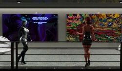 2girls 3d bodysuit commander_shepard dress edi elmeistro female_focus female_only femdom femshep green_eyes mass_effect mass_effect_3 red_hair