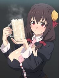 blush bow breasts brown_hair cleavage_cutout clothing_cutout cum cum_in_container cum_in_cup cup drinking_glass female hair_between_eyes hair_ornament hairbow highres kono_subarashii_sekai_ni_bakuen_wo! kono_subarashii_sekai_ni_shukufuku_wo! large_breasts long_hair long_sleeves looking_at_viewer necktie red_eyes ribbon solo tedain yunyun_(konosuba)