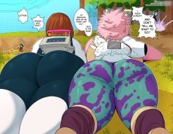 2girls 3boys ass ass_focus ass_to_ass banana big_ass boku_no_hero_academia brian_griffin brown_hair bubble_butt crossover dat_ass dialogue dumptruck_ass family_guy fat_ass female female_focus fortnite hero_outfit_(mha) huge_ass izuku_midoriya katsuki_bakugou krang large_ass laundrymom lying lying_on_stomach male mina_ashido my_hero_academia ochako_uraraka outside peely pink_body sunspot_(fortnite) teenage_mutant_ninja_turtles text thick_ass thick_thighs thunder_thighs wide_hips