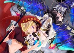 2girls arms_behind_back arms_tied_behind_back asou551 blonde_hair blue_eyes bondage bound bound_arms bound_legs caress chained_up chains female female_only femdom femsub gag gagged grey_hair gwendolyn_(odin_sphere) medium_hair multiple_girls odin_sphere panel_gag purple_eyes restrained rope rope_bondage short_hair small_breasts smile staff suspension suspension_bondage tied_up upside-down velvet_(odin_sphere) yuri