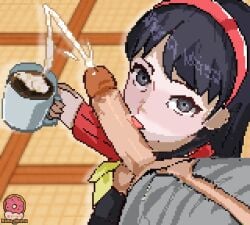 1boy 1girls bodily_fluids cock coffee coffee_mug cum cum_in_coffee cum_in_coffee_mug cum_in_drink cum_in_mug cumshot drink female_focus fluids licking licking_penis looking_up looking_up_at_partner mug penis penis_licking persona persona_4 pixel_art semen tongue tongue_on_penis tongue_out unseen_male_face yukiko_amagi 生ドーナツ_donatsu