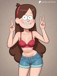 ai_generated bare_legs bare_shoulders bare_thighs blue_jeans bra braces brown_hair cute gravity_falls hair_band jean_shorts jen_ai long_hair mabel_pines peace_sign red_bra red_hairband simple_background small_breasts small_tits small_waist smile solo solo_female sweater teenager teeth thick_thighs thighs