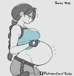 1girls big_belly big_breasts bloated_belly blush brown_eyes clothed clothing dark_hair embarrassed female female_only lara_croft lara_croft_(classic) long_hair navel outie_navel pregnant side_view tight_clothing tomb_raider tsukiji wardrobe_malfunction