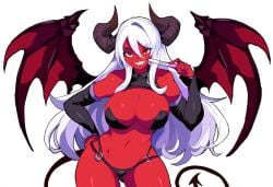 ai_generated curvy demon demon_girl demon_horns demon_tail demon_wings female grin implied_pregnancy large_breasts looking_at_viewer nephel novelai original original_character pregnancy_test red-skinned_female red_skin sharp_teeth simple_background solo thick_thighs thong white_hair