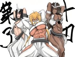 3girls abs arms_behind_head arms_up big_breasts black_hair bleach blonde_hair brown_hair curly_hair dark-skinned_female emilou_apacci green_eyes grin hair_ornament heterochromia light-skinned_female looking_at_viewer mask mila_rose multiple_girls muscular muscular_female short_hair small_breasts soyuzu steam thick_thighs tia_harribel underboob