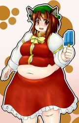 bbw belly_overhang big_belly big_female blush cat_ears chen chubby chubby_female embarrassed fat fat_female fat_fetish fat_girl fat_woman fatty ice_cream large_female obese obese_female overweight overweight_female plump pork_chop thick_thighs touhou tubby weight_gain