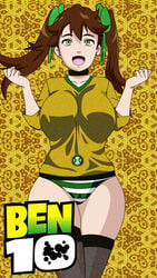 1girls ben_10 ben_tennyson bob_cut female female_ben gender_transformation green_eyes long_hair maudxie mtf_transformation rule_63 shimapan species_transformation striped_panties the_worst_(ben_10) thighhighs transformation twintails