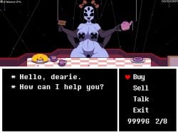 1girls 2d areola areolae big_breasts bow breasts english_text female female_focus female_only game_ui gameplay_mechanics humanoid milffet muffet pixel_(artwork) pixel_art purple_body spider_girl spider_humanoid tagme talking_to_viewer taped_nipples text undertale undertale_(series) xmelomor24x