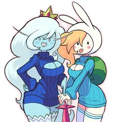 2girls adventure_time backpack bag boob_window cartoon_network cleavage cleavage_cutout duo female_only fionna_the_human_girl gashi-gashi human ice_queen_(adventure_time) keyhole_turtleneck looking_at_viewer mob_face sweater sweater_dress sword tagme weapon white_background