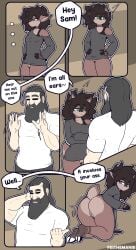 2024 absurd_res anthro ass beard black_nose bottomless breasts clothed clothing comic deer dialogue digital_media_(artwork) duo english_text facial_hair female fingers fur genitals grey_hair hair hand_on_hip hi_res human male mammal pussy sam_(reindone) sappy_(csapph17) speech_bubble tail text the_man the_man_(character)