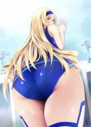 1girls against_wall artist_name asking_for_it ass bathroom big_ass big_breasts blonde_hair blue_eyes bow breasts busty cecilia_alcott come_hither drill_hair fat_ass female female_only from_behind hairband hairbow half-closed_eyes highres horny huge_ass infinite_stratos large_breasts legs leotard long_hair looking_at_viewer pose posing pussy_juice seductive_gaze sensual sideboob solo sweat thick_thighs thighs very_long_hair