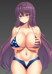 1girls 4th_of_july absurdres alternate_costume american_flag_bikini arms_behind_back bikini blush breasts cleavage denim denim_shorts female flag_print fourth_of_july grey_background highres huge_breasts long_hair murasaki_(senran_kagura) navel ninimu-home no_shirt open_fly purple_eyes purple_hair senran_kagura shorts solo swimsuit tan tanlines undersized_clothes usa_bikini very_long_hair wavy_mouth