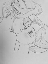 2girls anna_(frozen) disney elsa_(frozen) embrace frozen_(film) handdrawn incest kissing monochrome multiple_girls nude os-da sisters yuri